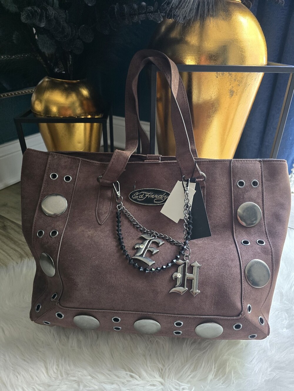 Ed Hardy Brown Suede charms Tote Bag Rare new
